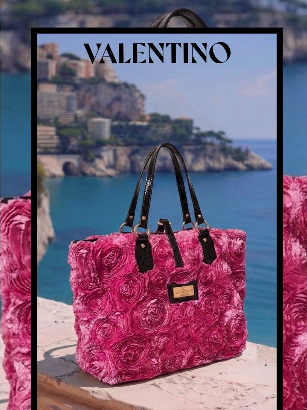 VALENTINO GARAVANI Rosier Italy Pink Silk Roses Black Patent Leather Tote Purse